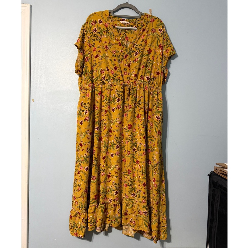 Terra & Sky Mustard Yellow Floral Midi 2X 20W-22W Rayon Ruffle Hem Boho 2293